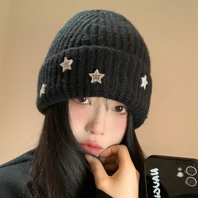 【笑笑专属】星星黑色针织帽冬显脸小包头冷帽大头围保暖防寒毛线帽