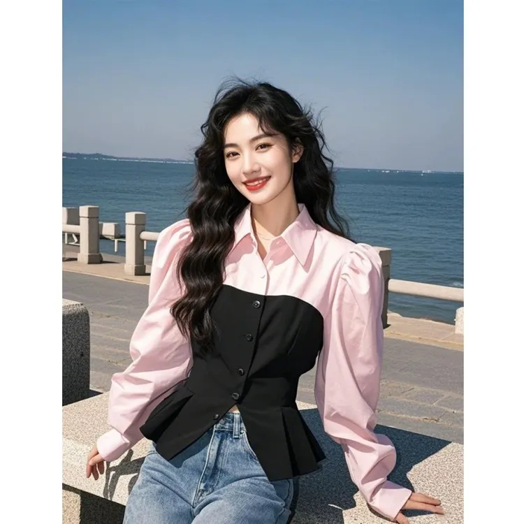 2025新款春季绝美内搭上衣法式气质轻奢高级轻熟风粉黑撞色衬衫女