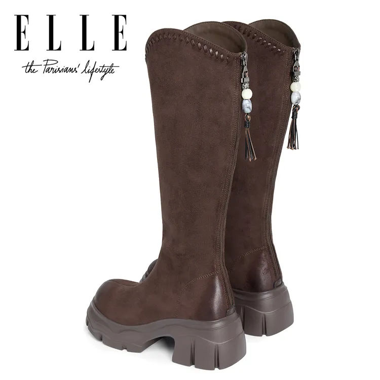 ELLE女靴酷飒高筒靴棕色厚底时装靴2025新款美拉德串珠拉链骑士靴