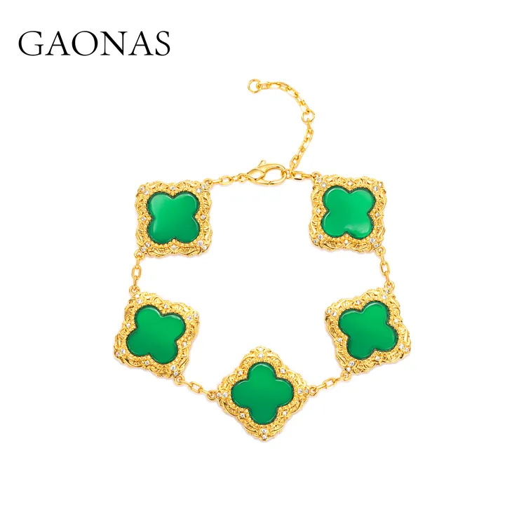 GAONAS 镀K金合成锆石手链 女士贵气绿花金色手链11680SG