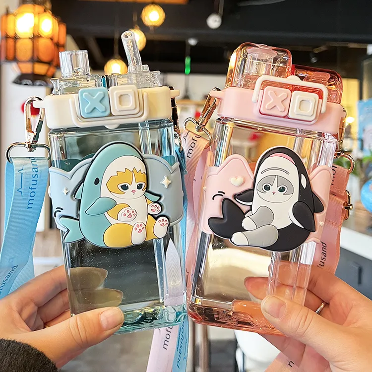 猫福珊迪少女心水杯幼儿园小学生上学专用双饮吸管杯子男防摔便携