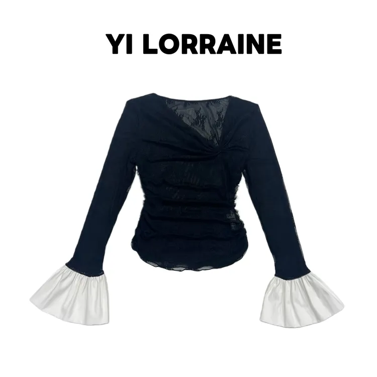 YI LORRAINE/旖洛琳原创设计斜领蕾丝撞色喇叭袖上衣