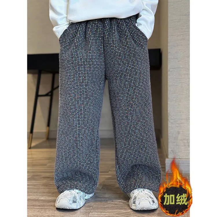 男童2026新款冬季保暖加绒彩色毛绒直筒裤中大童简约个性休闲长裤