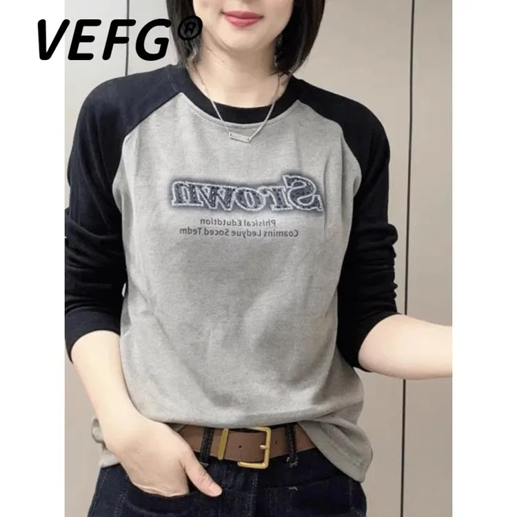 VEFG双面德绒长袖内搭衣2025秋季新款字母烫钻圆领时尚显瘦上衣女