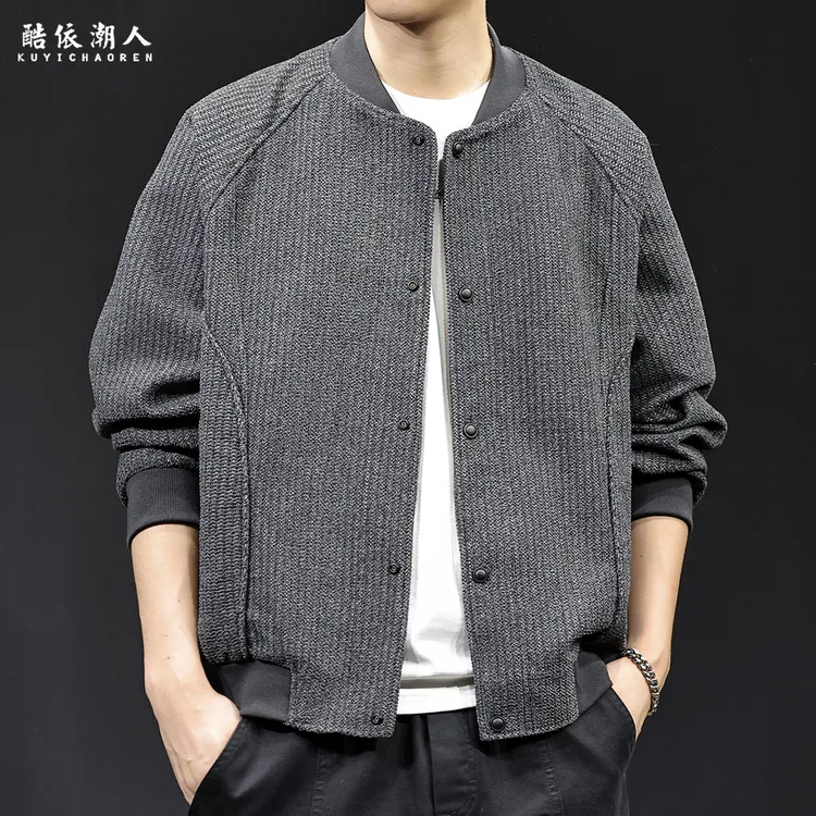仿针织复古棒球领外套男士夹克美式休闲百搭春秋2025新款潮牌大码