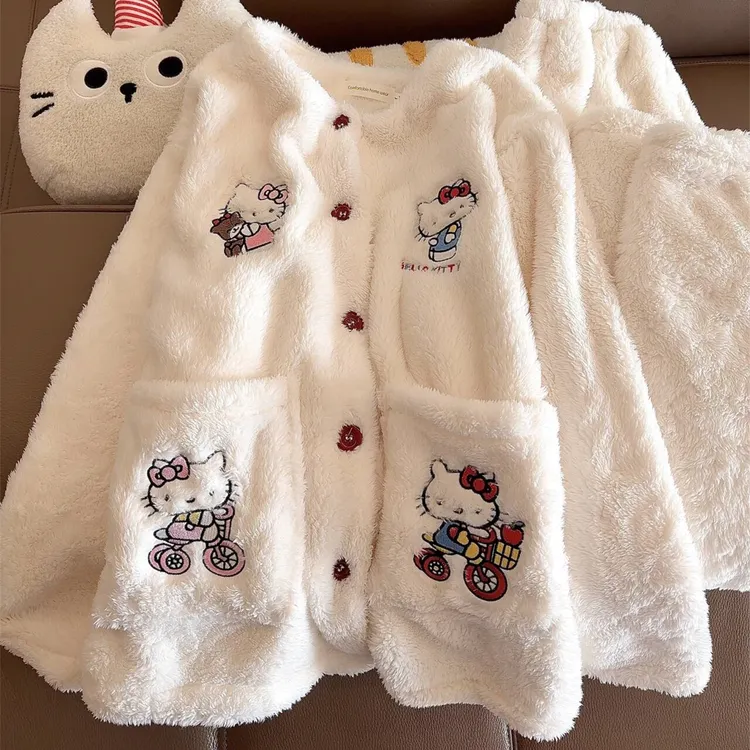 秋冬季kt猫法兰绒睡衣女加绒加厚保暖毛绒刺绣可外穿甜美家居服
