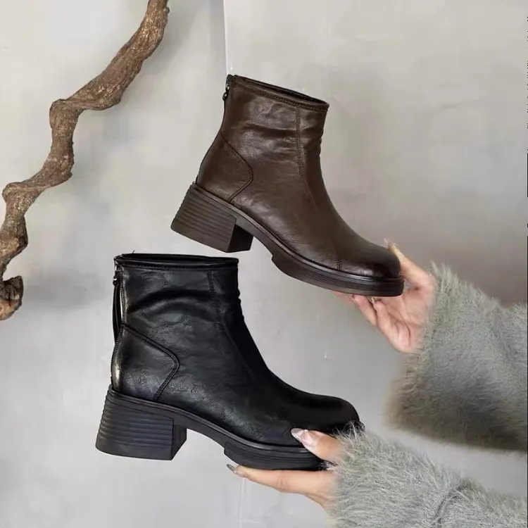 欧款厚底英伦风短靴女2025新款秋冬瘦靴真皮单靴小个子增高马丁靴