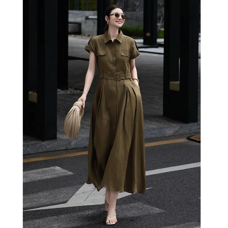欧洲站女装松驰感老钱风亚麻翻领开扣收腰大摆风衣长裙连衣裙夏季
