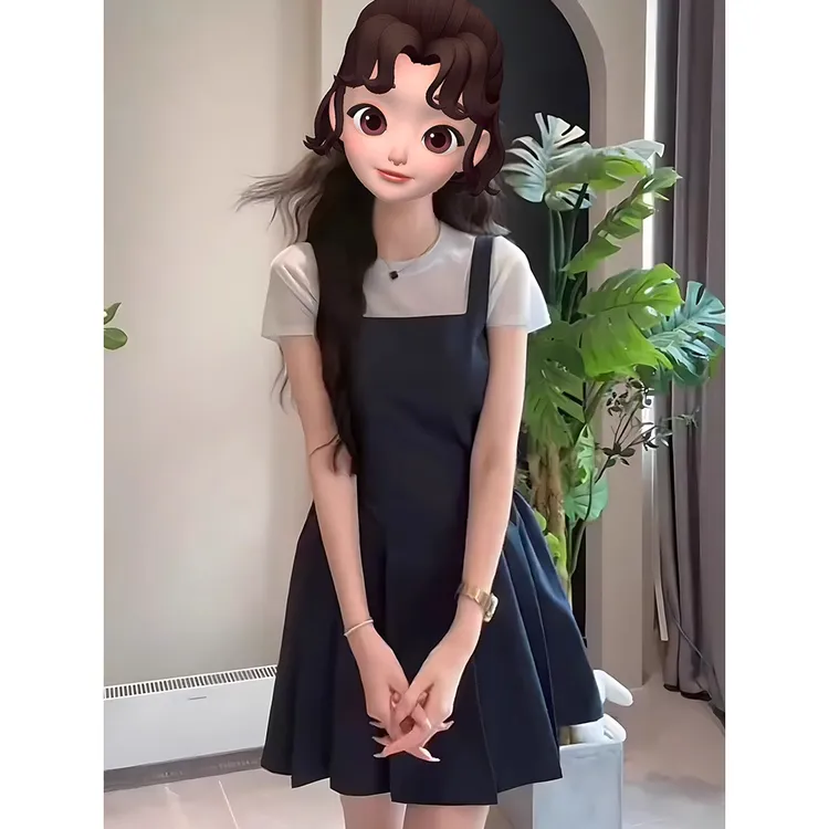 今年流行漂亮套装女夏季清冷感背带连衣裙显瘦短袖上衣两件套