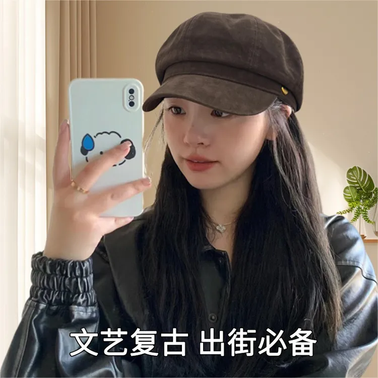 棕色八角贝雷帽子女春夏季大头围复古画家报童帽短檐八角帽女款