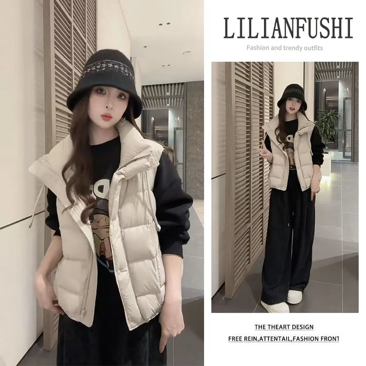 韩系穿搭2025秋冬新款立领马甲外套长袖印花卫衣显瘦阔腿裤三件套