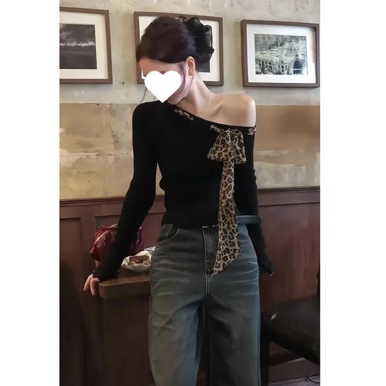 大码高级感露肩长袖t恤女装秋季时尚豹纹打底衫胖MM遮肉显瘦上衣