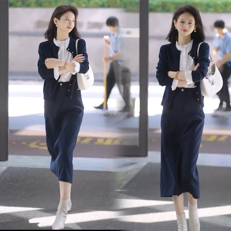 秋季温柔风时尚气质花边设计感长袖衬衫针织开衫高腰半身裙三件套