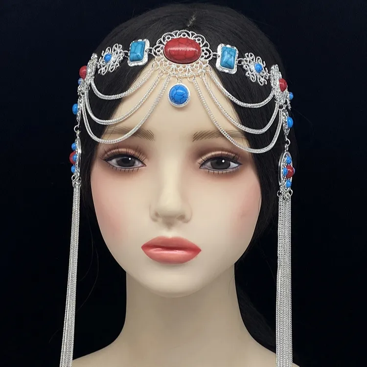 蒙古族新娘头饰合金婚礼头冠复古防银舞蹈发饰流苏少数民族配饰