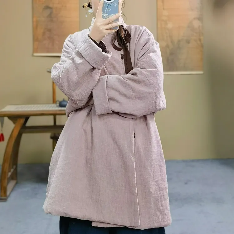 《加厚过冬》新中式冬装新款棉衣立领系带斜开襟亚麻中长款棉服外套