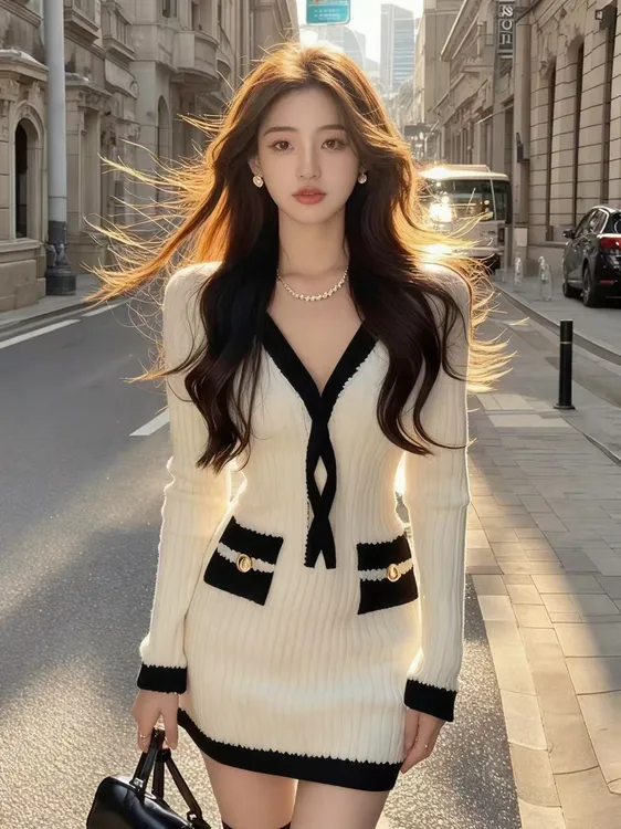 冬季新款时尚轻奢千金风米白色V领修身针织竖纹设计感包臀连衣裙