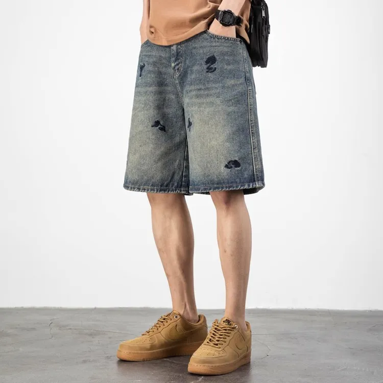 夏季刺绣牛仔短裤男潮牌宽松大码复古水洗直筒痞帅五分裤夏季薄款