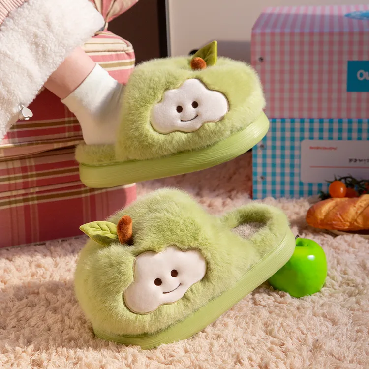 可爱苹果亲子棉拖鞋女款2025冬季厚底浴室防滑毛绒保暖室内家居