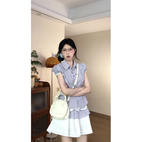 2025韩系夏季新款格纹泡泡袖花边拼接衬衫吊带两件套女搭配百褶裙