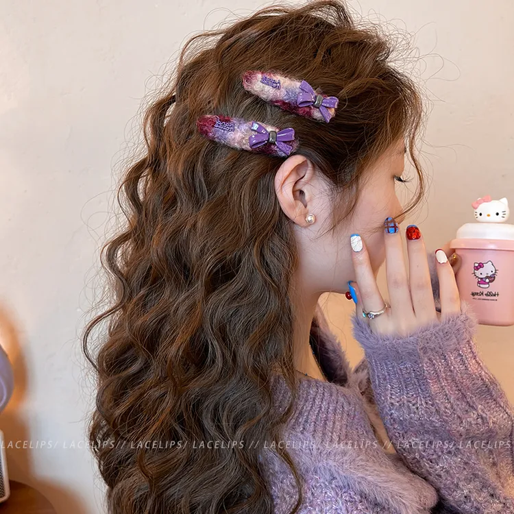 柔雾熏紫~毛绒发夹女蝴蝶结边夹2025新款高端前额发卡刘海夹头饰