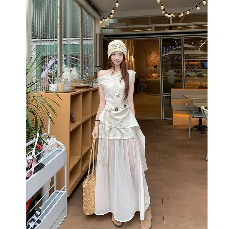 【1.3万人收藏】夏季新款法式斜领收褶无袖衬衫上衣拼接百搭半身裙