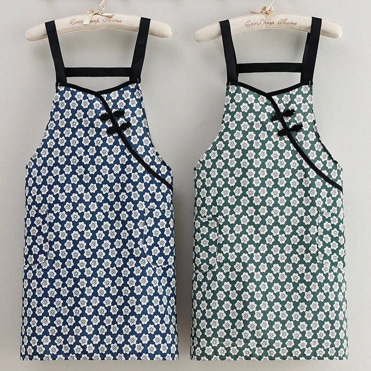 2025新款中式复古风竹节棉透气围裙防油污耐脏家用厨房车间工作服