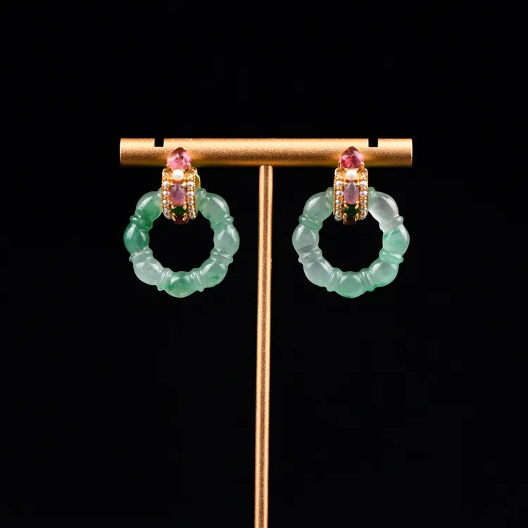 戊申堂【​​凝翠】翡翠冰玉藕节圈圈耳扣独龙玉耳饰多样性发国风珠宝