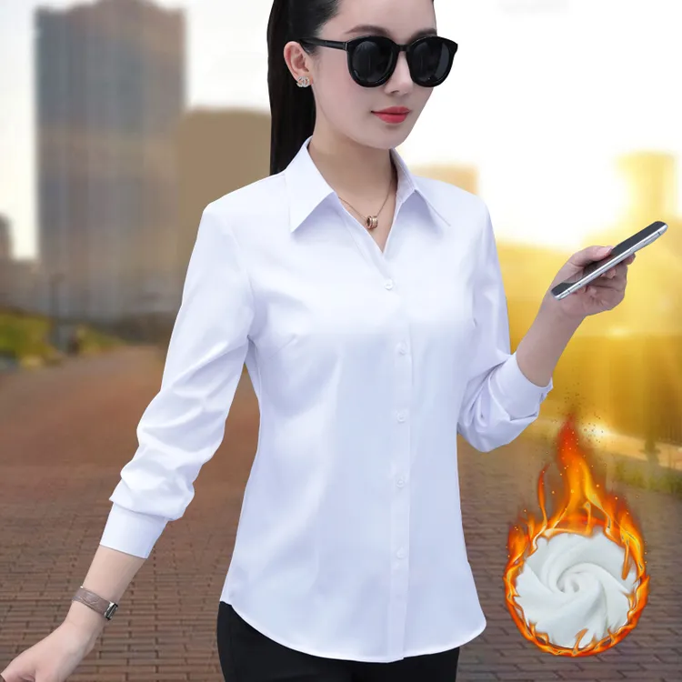 白色加绒衬衫女长袖冬季韩版修身正装工作服免烫职业保暖百搭衬衣