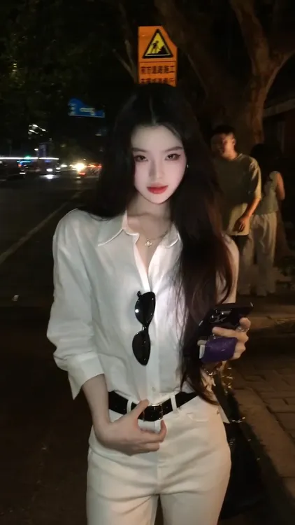 时尚气质套装女夏季经典百搭白色polo领长袖衬衫高腰显瘦休闲裤