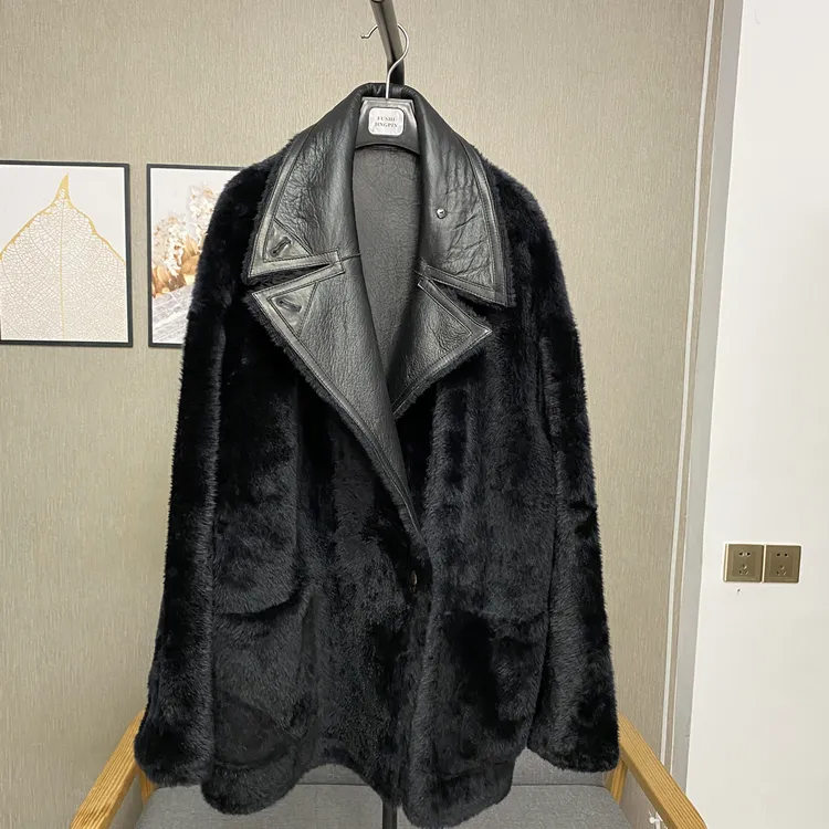 拉贡品质苏力羊毛羊皮皮毛一体宽松版西装外套立领包裹毛毛外套