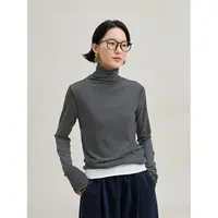 麻霖原创设计秋新品莱赛尔混纺细条纹堆堆领显瘦长袖打底上衣