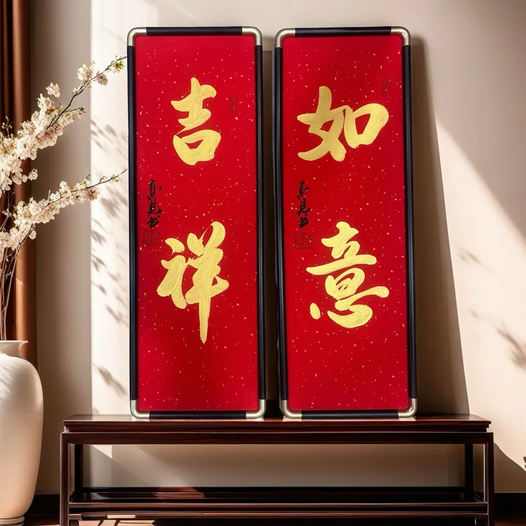 《吉祥如意》手写一对两条屏高见书法竖款带框红底金墨挂画装饰书法
