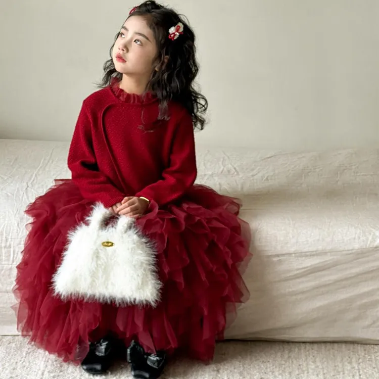 2024秋冬女童连衣裙中大童针织网纱裙女孩红色公主裙拜年服