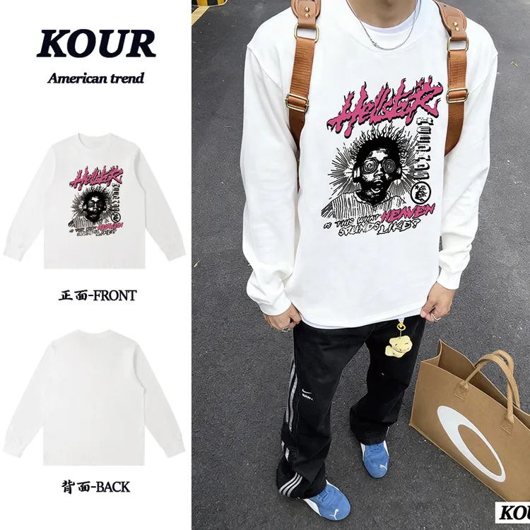 线条人物英文美式高街复古长袖T恤重磅纯棉上衣宽松百搭打底衫ins