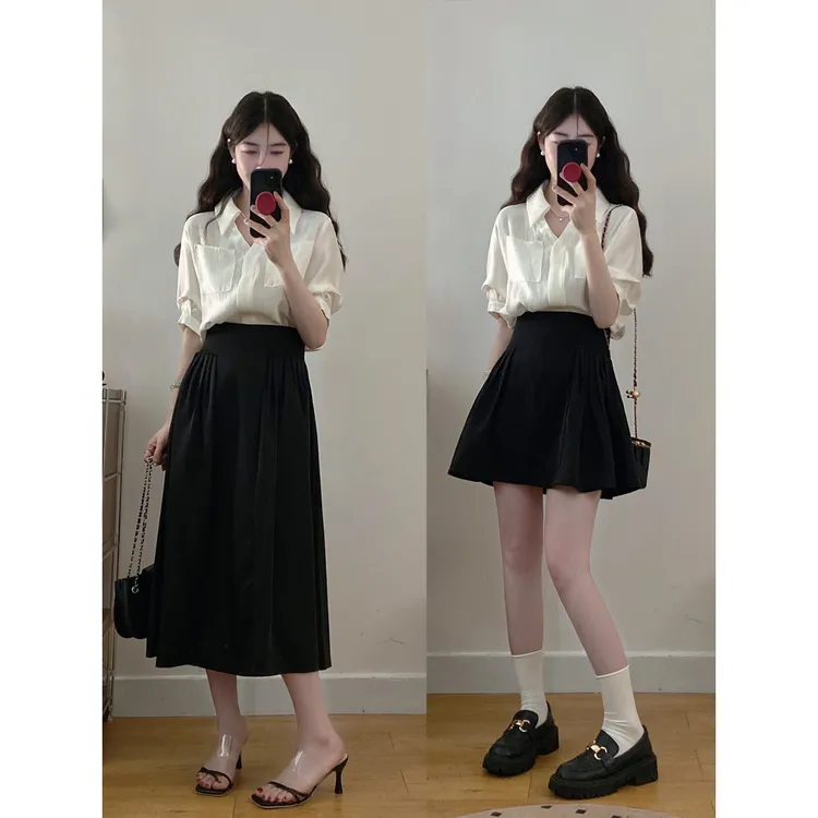 实拍～大码女装心动舞曲气质通勤衬衫+赫本风垂感小黑裙两件套
