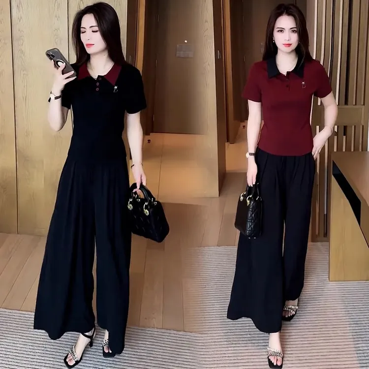 时尚套装女夏季新款设计感短袖polo衫T恤上衣阔腿裤显瘦两件套潮