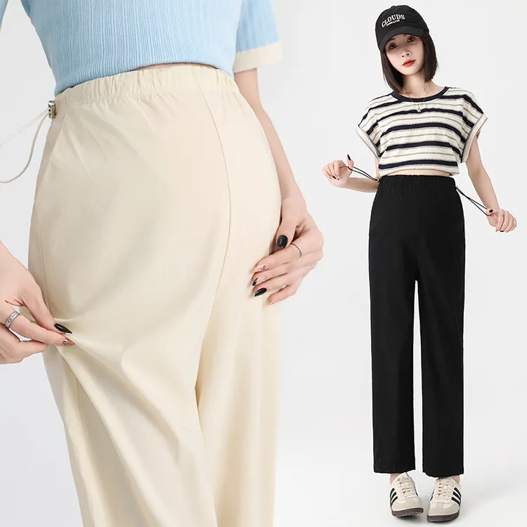 孕妇裤夏季新款小个子弹力直筒裤外穿宽松阔腿九分裤小个子长裤夏