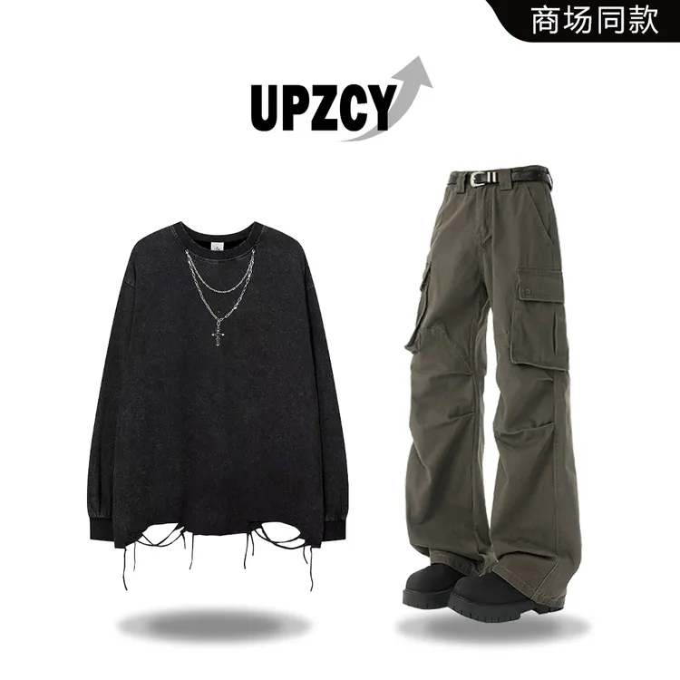 UPZCY美式潮流破洞T恤套装男春秋纯棉宽松痞帅休闲时尚伐木工装裤