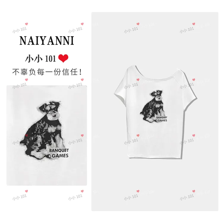 小狗印花一字肩斜肩甜酷短袖T恤女SLYLY122