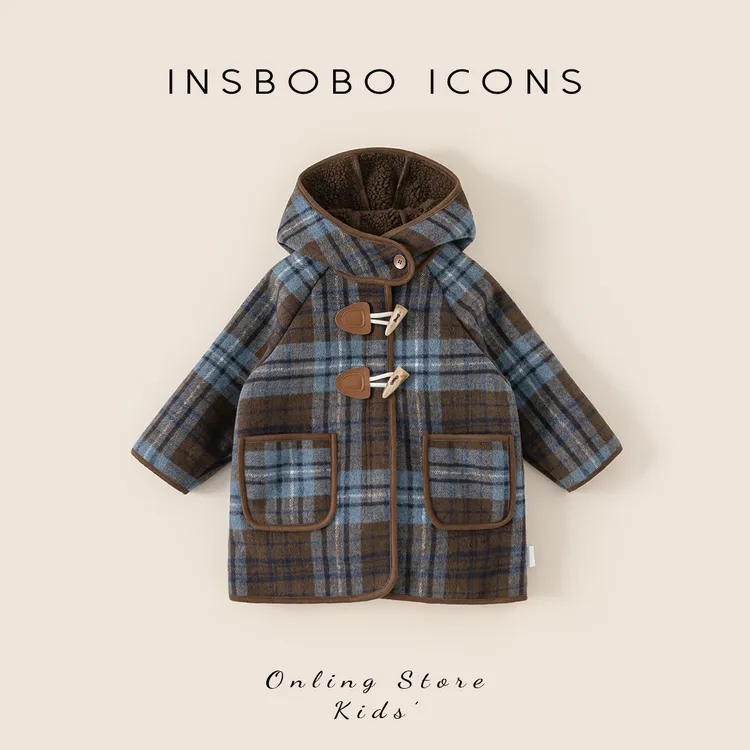 INSbobo儿童中长款外套冬季穿搭洋气格子牛角扣连帽呢大衣DY85125