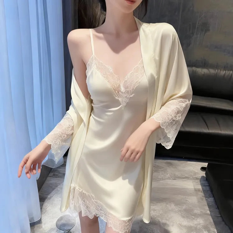 真丝纯欲风性感V领蕾丝吊带睡裙两件套女春秋浴袍式睡衣家居服薄