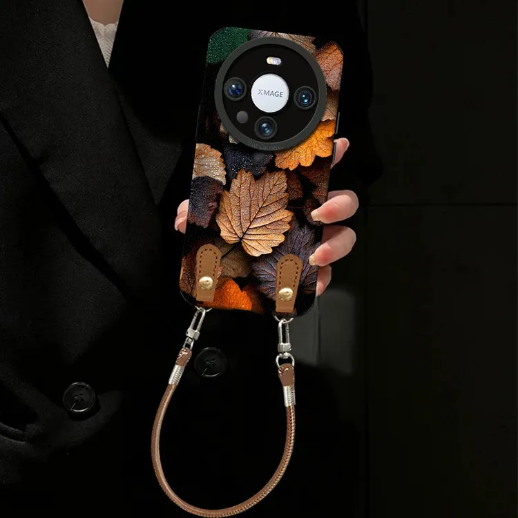 片片枫叶适用华为mate80手机壳女小众羊皮挂绳防摔全包高级保护套