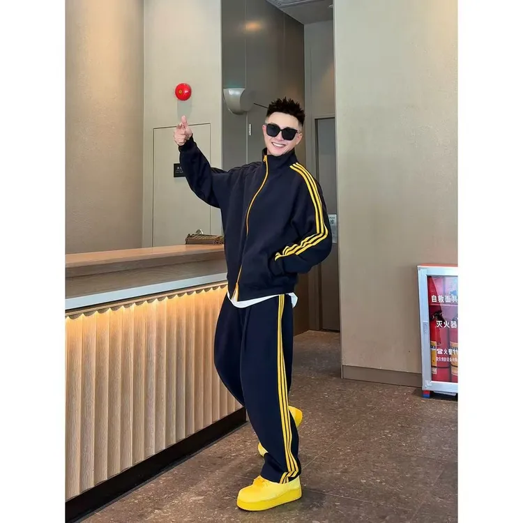 YULE语乐90251/2556美式撞色三条杠运动卫衣套装休闲立领外套裤子