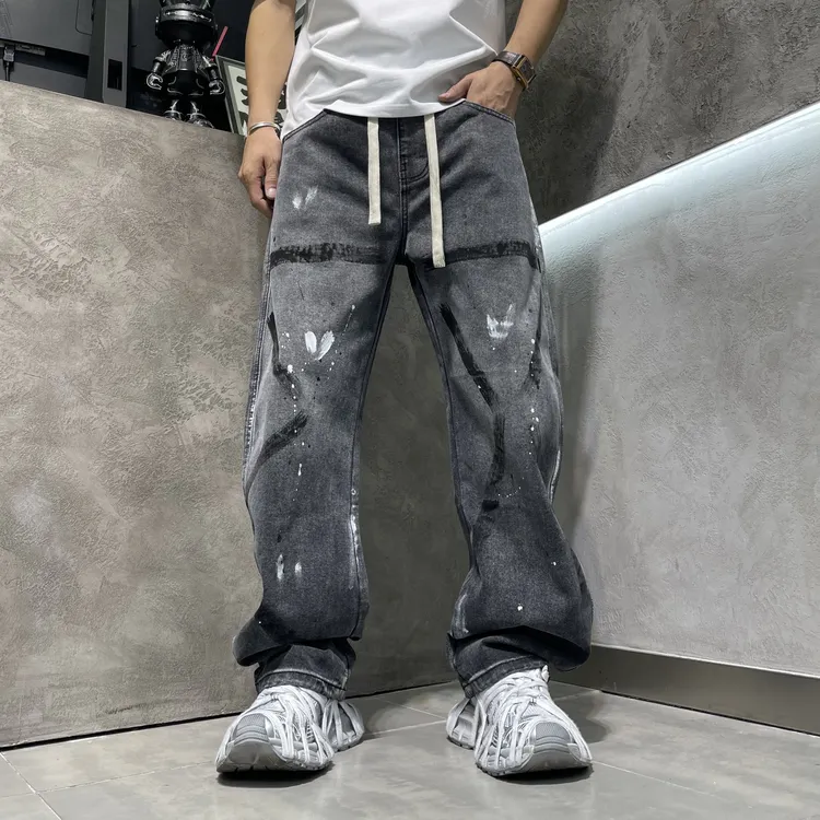 秋冬潮牌甩漆美式牛仔直筒裤复古欧美宽松潮流做旧男士长裤水洗