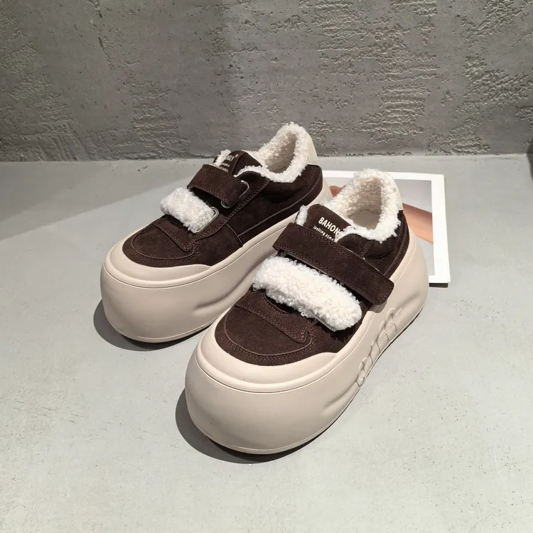 冬款上新真皮魔术贴羊羔毛厚底加绒保暖大头松糕鞋面包鞋棉鞋女鞋