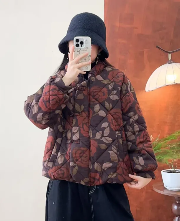 厚款常规款长袖时尚印花棉衣外套棉服上衣百搭加厚保暖立领复古