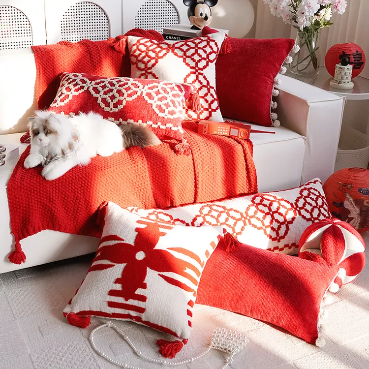 马年新年装饰抱枕枕套新中式红色高级感卧室沙发飘窗靠枕靠垫含芯