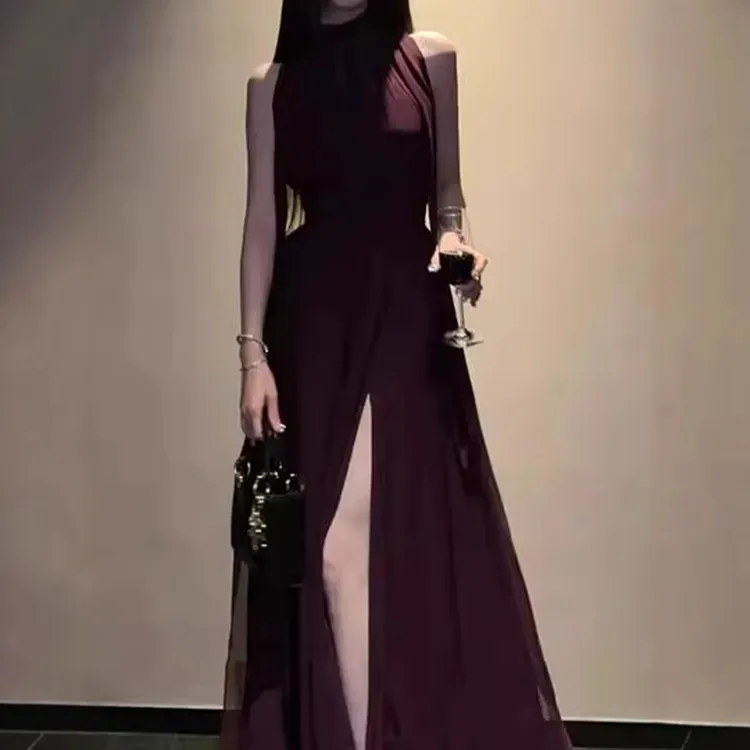 冰冰●懂的人听连衣裙2025夏季法式韵味紫色挂脖飘带超仙长裙子