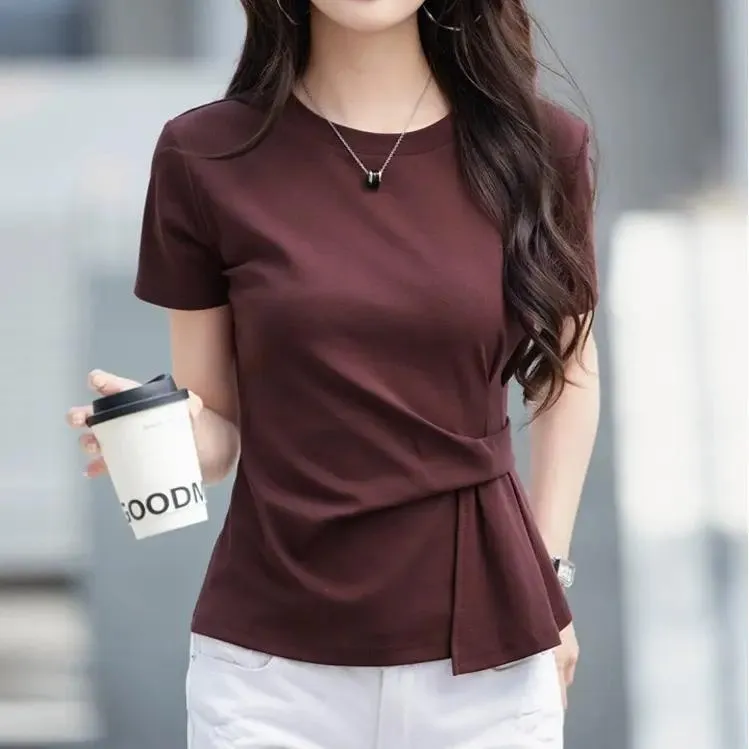 不规则遮肚女短袖韩系慵懒纯色T恤高级感显瘦收腰时尚百搭小衫