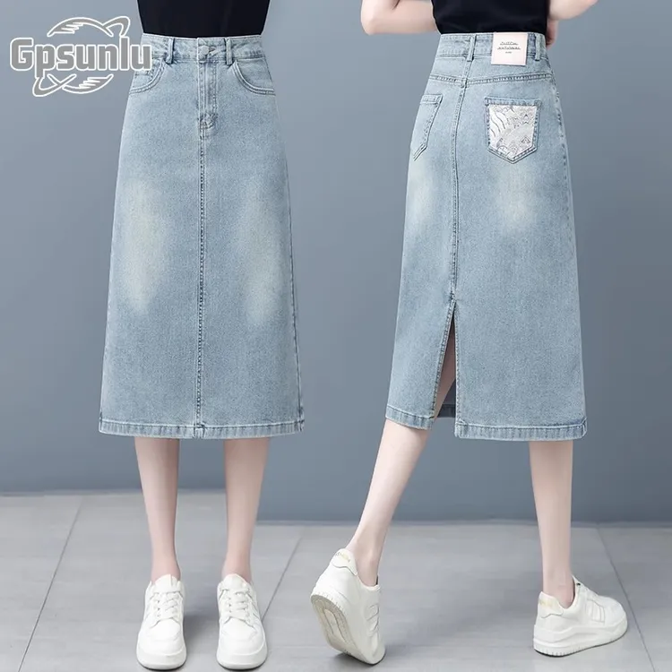 gpsunlu国风牛仔裙女秋季新款开叉一步裙中长版显瘦包臀半身裙子
